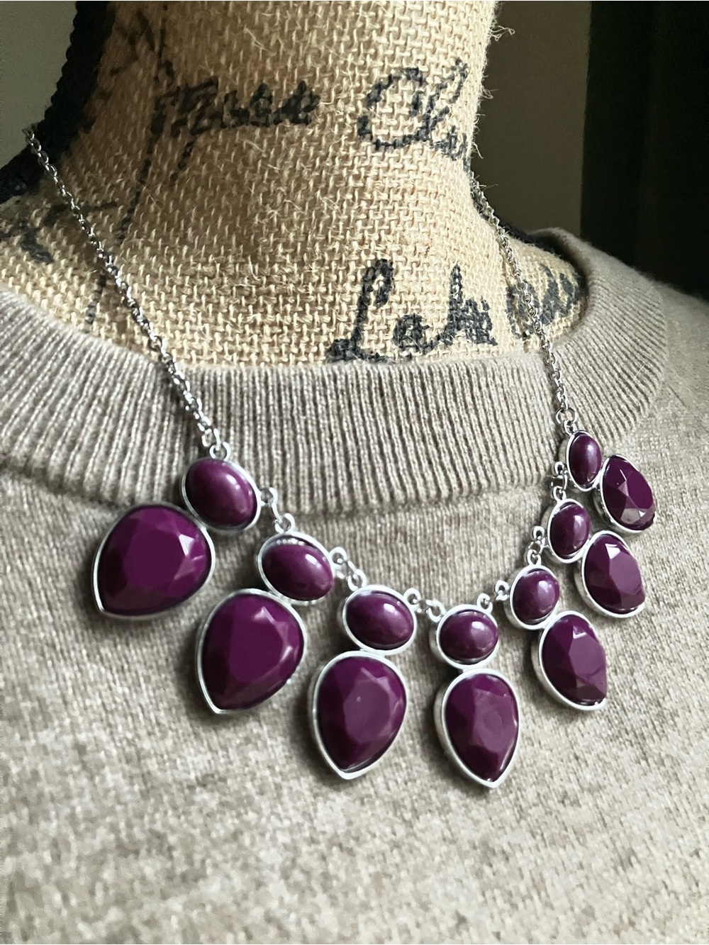Plum purple beads with silver chain collar necklace